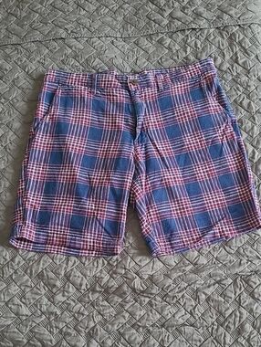 Goodthreads Plaid Flat Front Shorts - Blue & Red